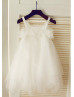 Thin Straps Pearl Ivory Tulle Knee Length Flower Girl Dress 